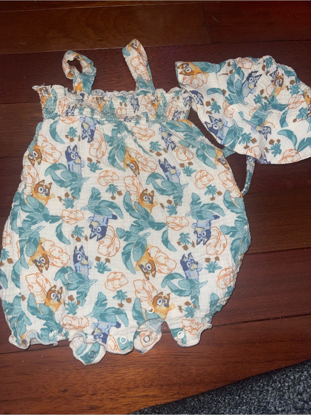 Baby Girls Floral & Owl Print Romper with Matching Hat - Teal & Cream